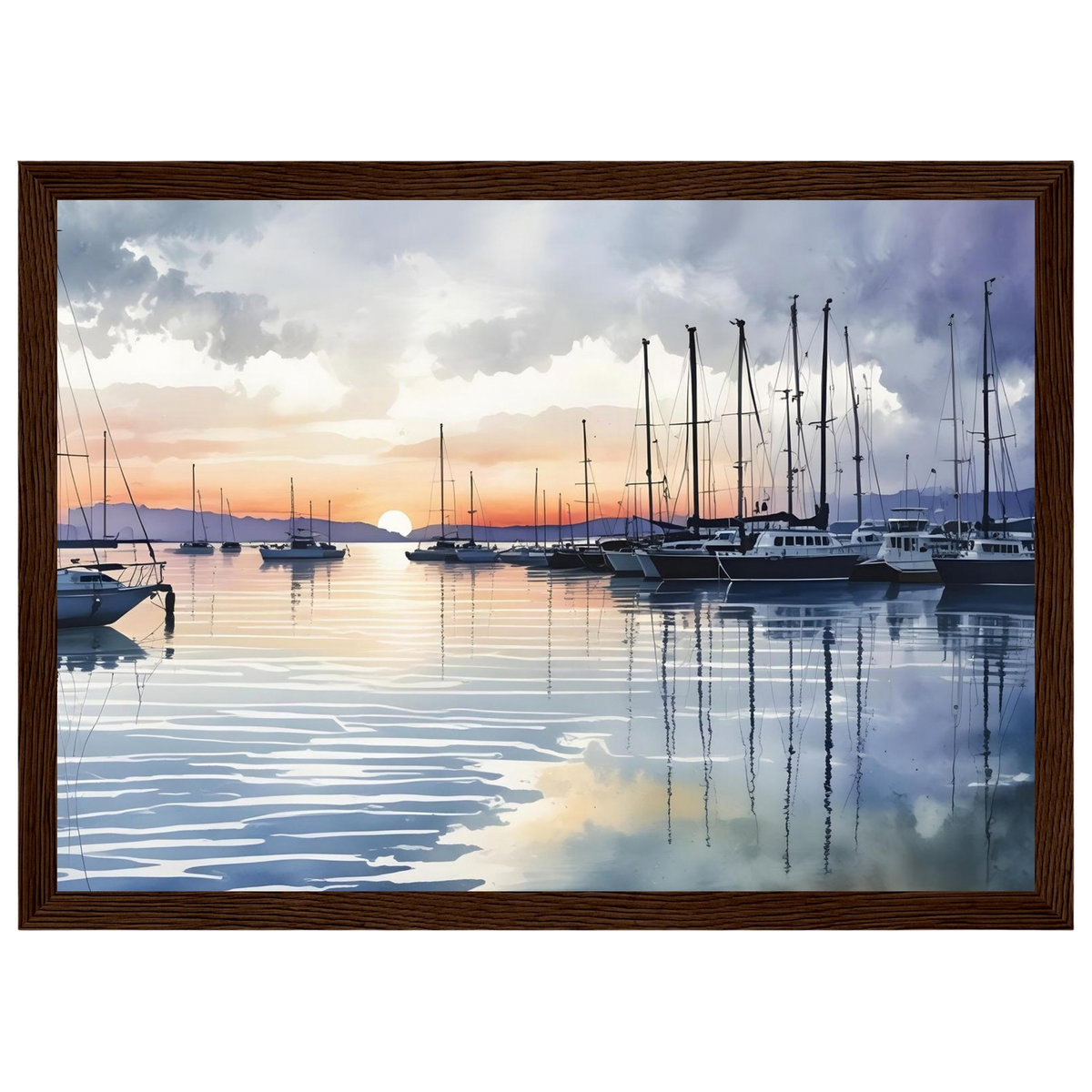 Marina at Dusk, print in a dark wood frame