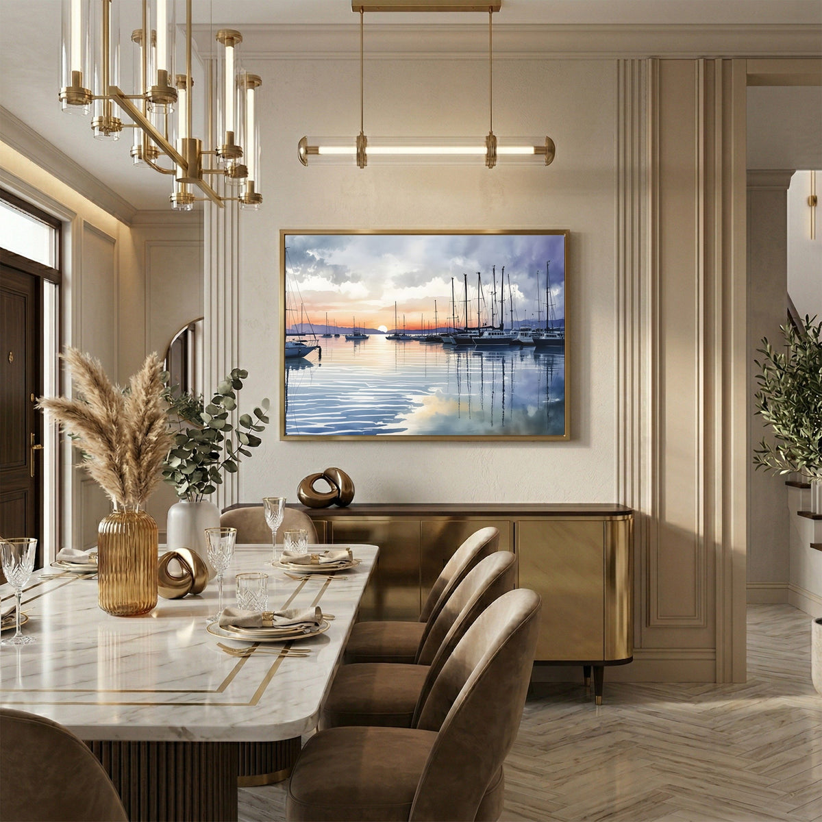 Marina at Dusk, in a slim gold frame above a sideboard in an elegant dining room with a marble table and brass chandelier