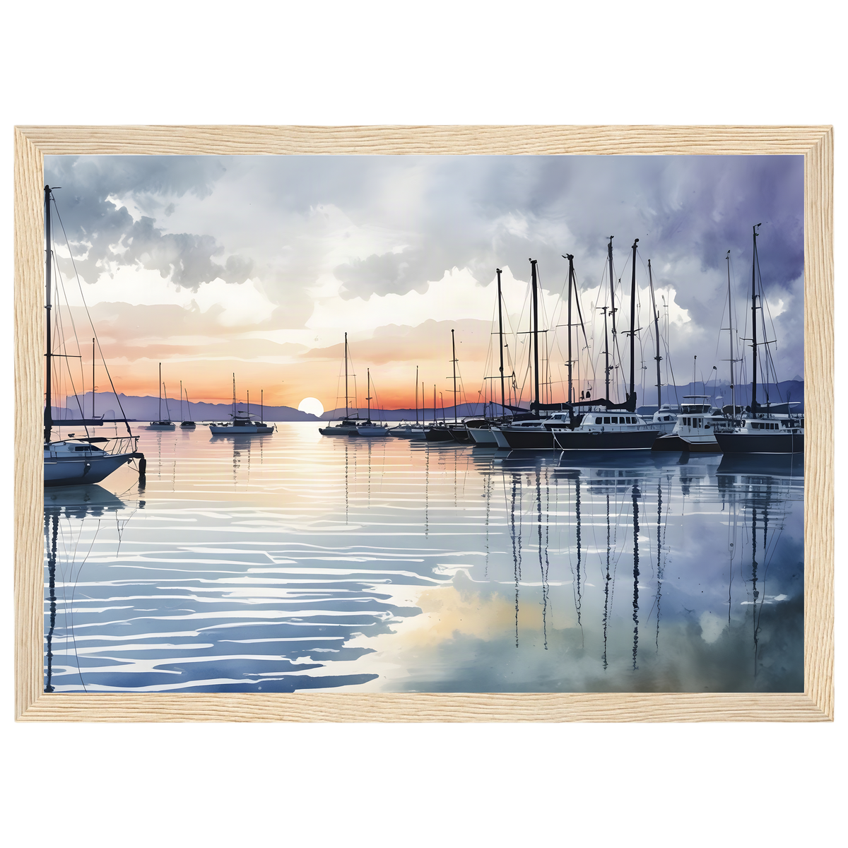 Marina at Dusk, print in a natural wood frame