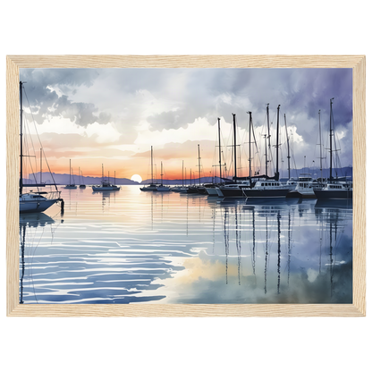 Marina at Dusk, print in a natural wood frame