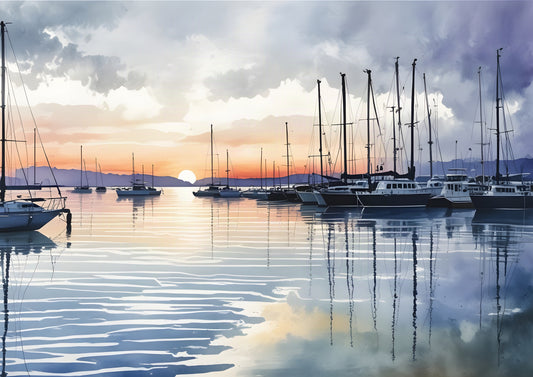 Watercolour yachts and sailing boats moored in a marina at dusk, tall masts reflected in still blue water under slate and violet clouds with a peach sunset on the horizon