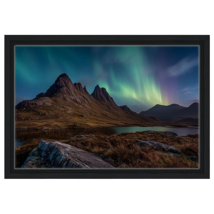 Mirrie Dancers over a Highland loch, canvas in a black frame