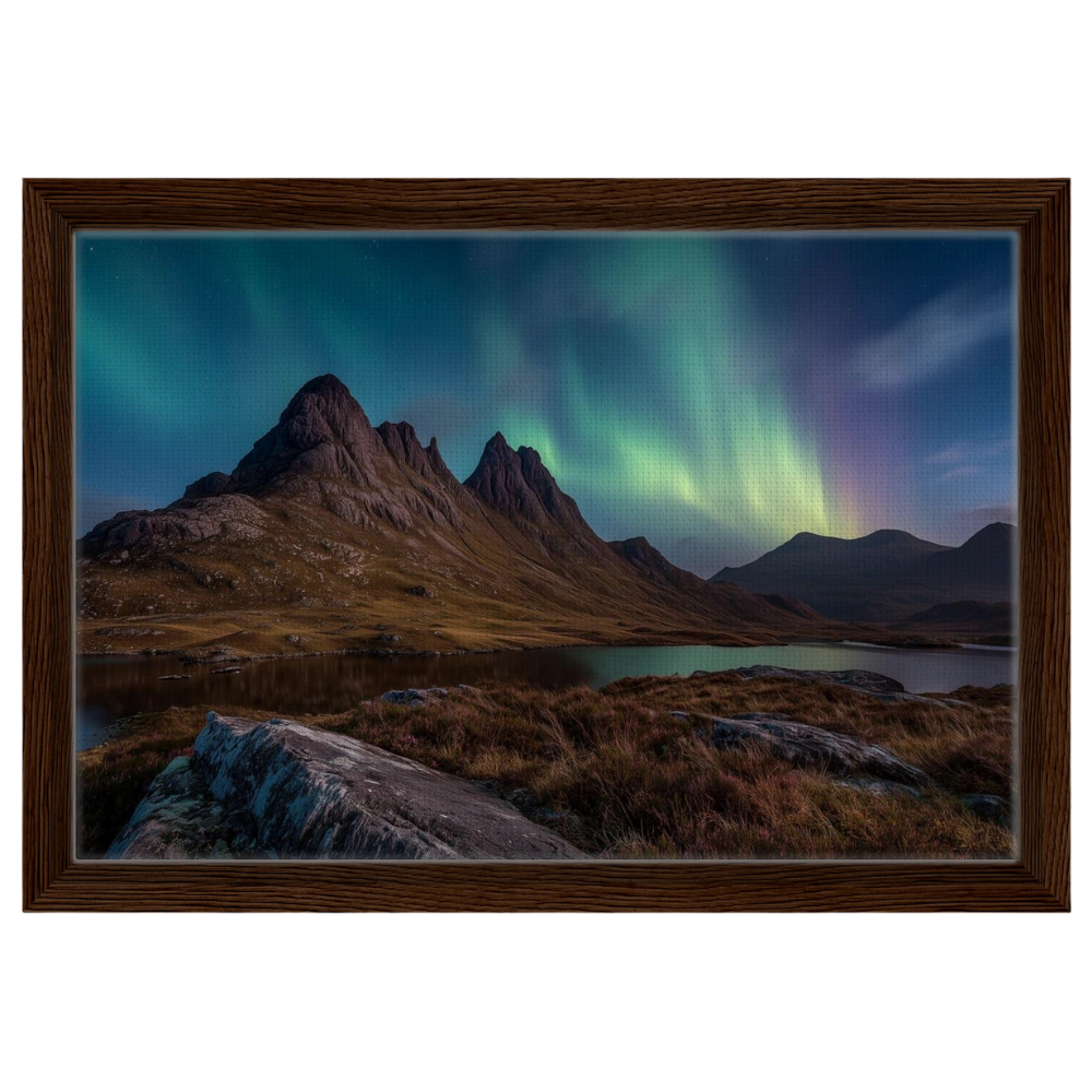 Mirrie Dancers over a Highland loch, canvas in a dark wood frame