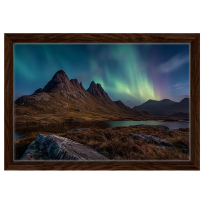 Mirrie Dancers over a Highland loch, canvas in a dark wood frame