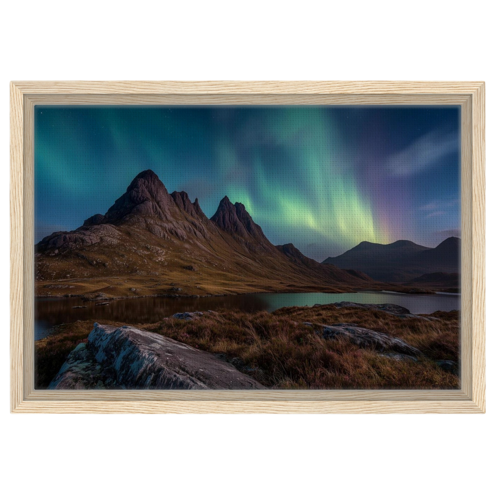 Mirrie Dancers over a Highland loch, canvas in a natural wood frame