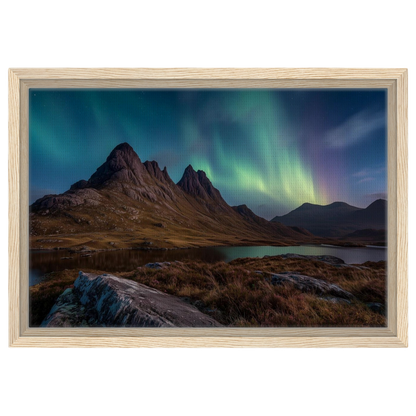 Mirrie Dancers over a Highland loch, canvas in a natural wood frame