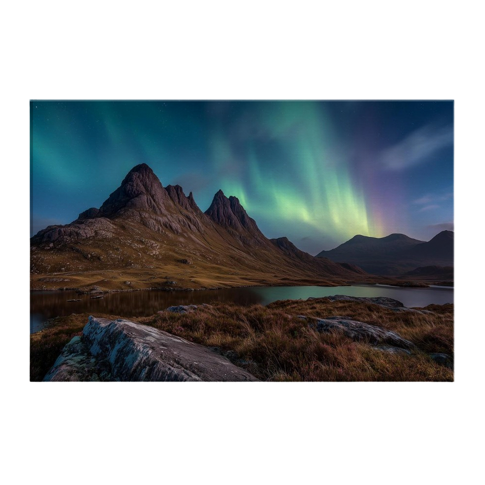 Green and violet northern lights over a dark Highland peak with a still loch below, printed on stretched canvas