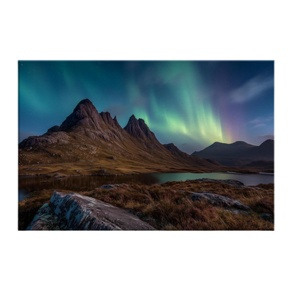 Green and violet northern lights over a dark Highland peak with a still loch below, printed on stretched canvas