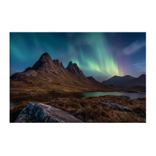 Green and violet northern lights over a dark Highland peak with a still loch below, printed on stretched canvas
