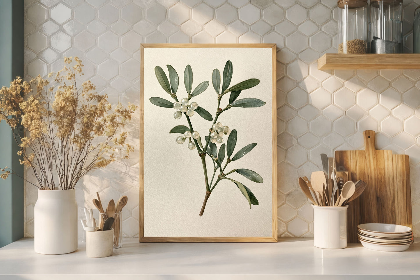Mistletoe sprig with white berries, in a light wood frame propped on a worktop in a pale tiled kitchen