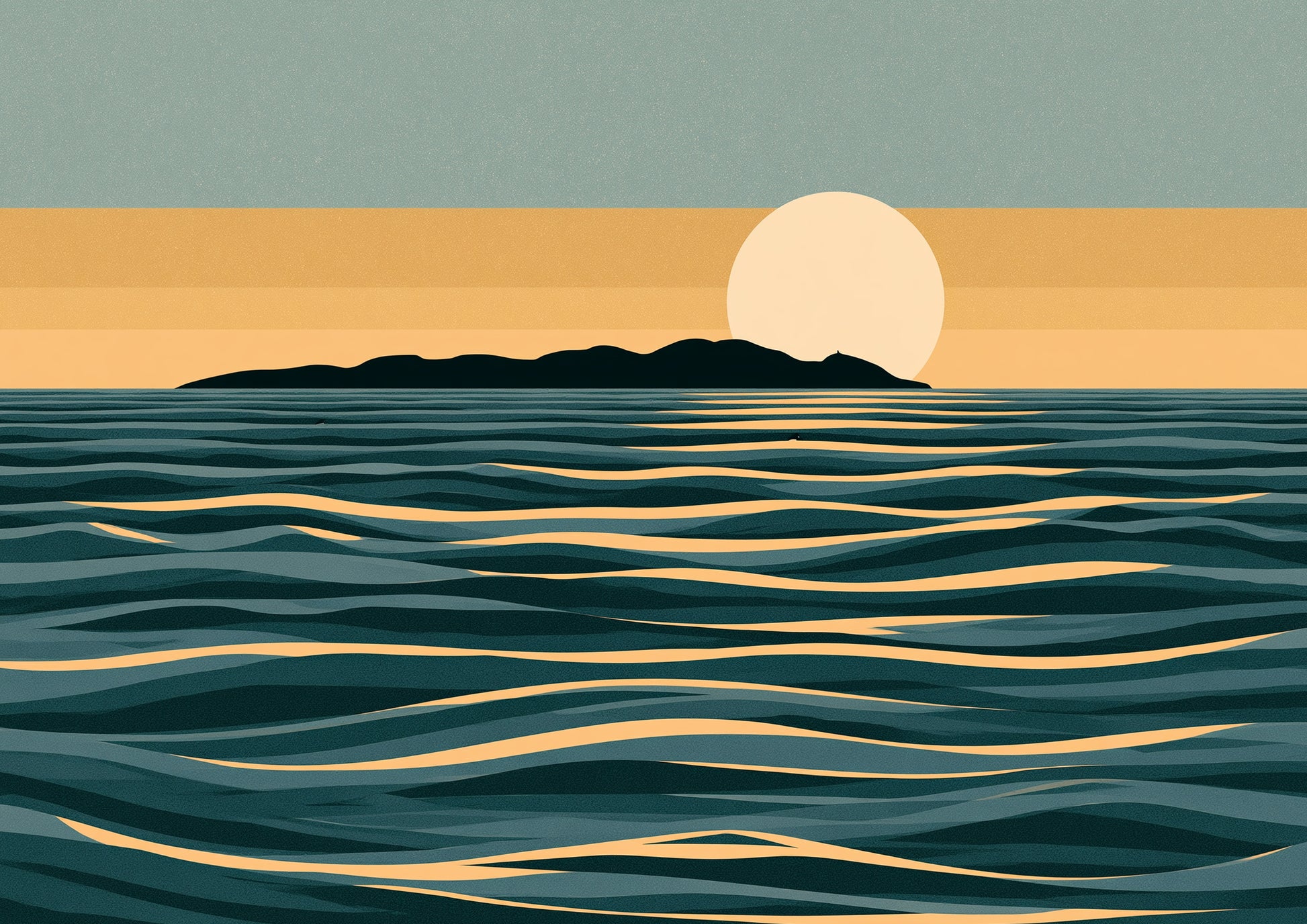 Minimalist graphic seascape, a pale moon low behind a dark island with the sea in flat teal and gold bands