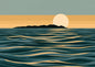 Minimalist graphic seascape, a pale moon low behind a dark island with the sea in flat teal and gold bands