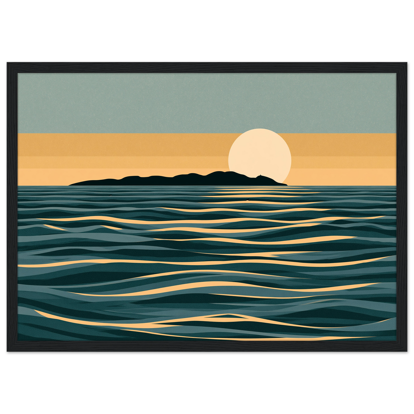 Minimalist moon and sea print in teal and gold, in a black frame