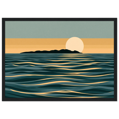 Minimalist moon and sea print in teal and gold, in a black frame