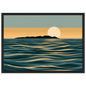 Minimalist moon and sea print in teal and gold, in a black frame