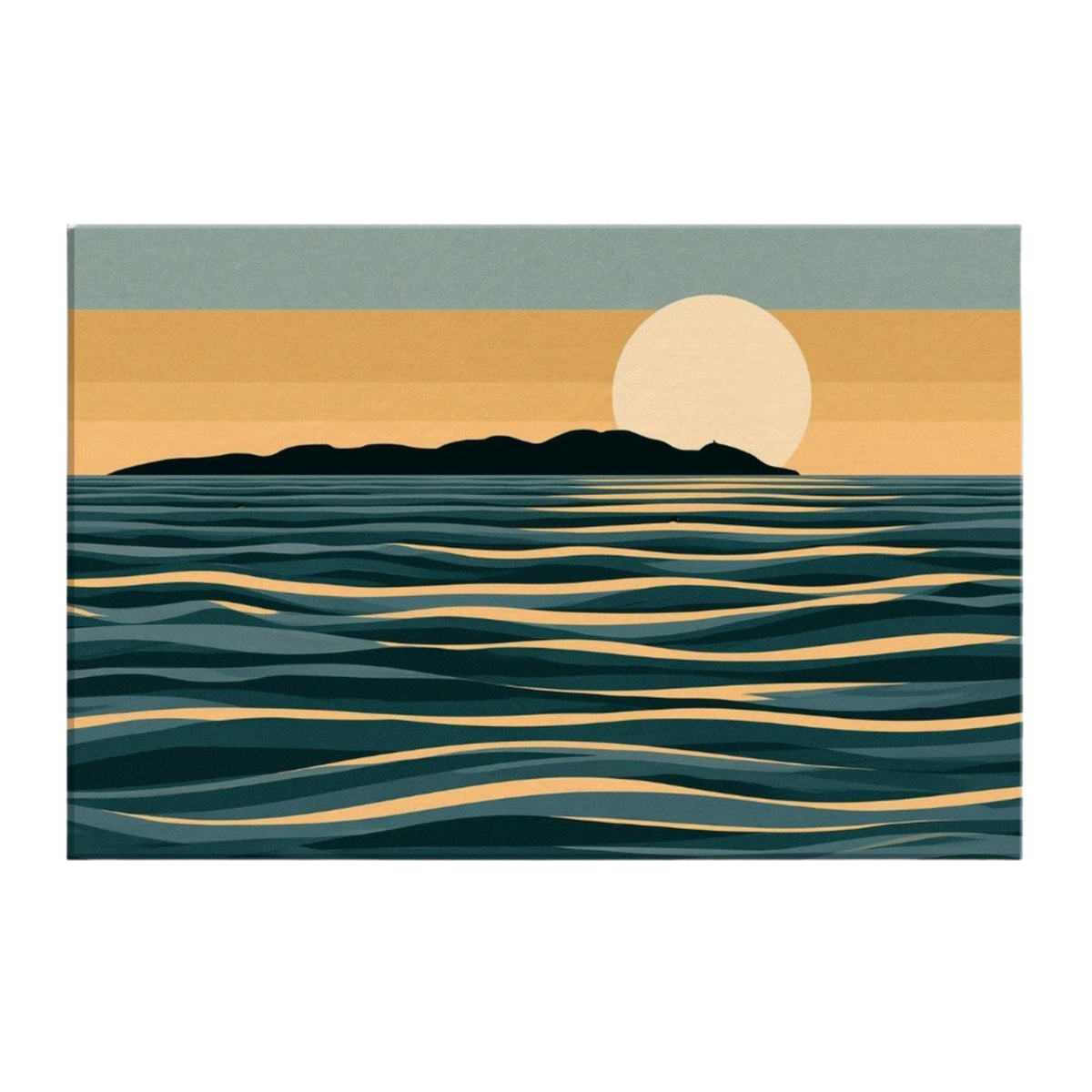 A pale moon rising behind a black island, the sea in flat layered bands of teal and gold under an amber sky, printed on stretched canvas