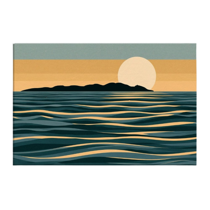 A pale moon rising behind a black island, the sea in flat layered bands of teal and gold under an amber sky, printed on stretched canvas