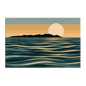 A pale moon rising behind a black island, the sea in flat layered bands of teal and gold under an amber sky, printed on stretched canvas