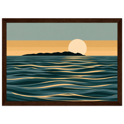 Minimalist moon and sea print in teal and gold, in a dark brown wood frame