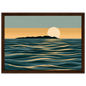 Minimalist moon and sea print in teal and gold, in a dark brown wood frame