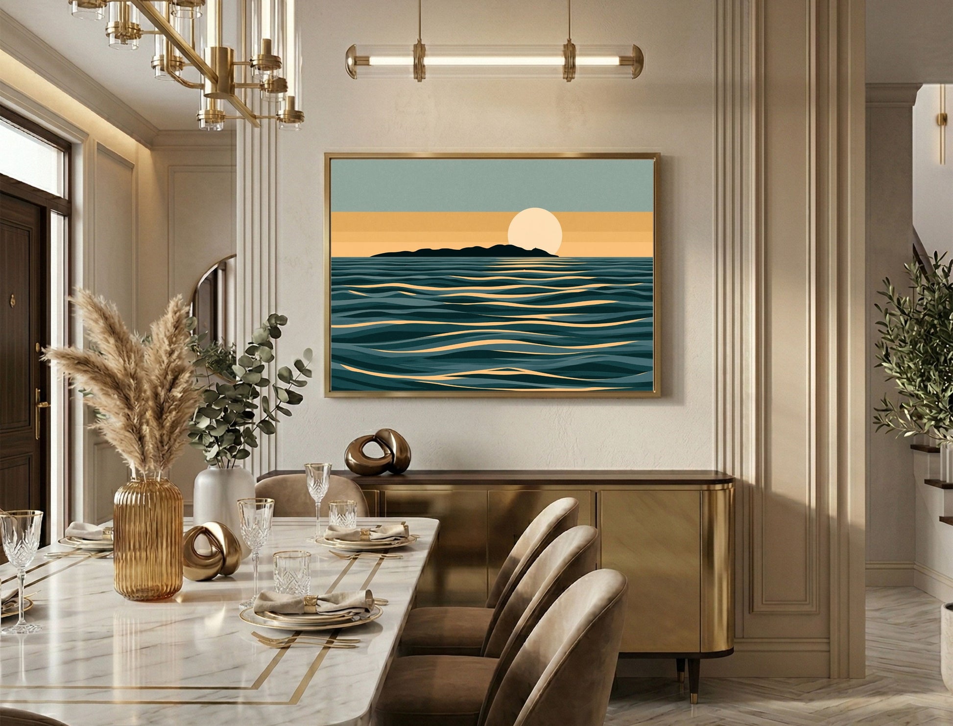 Minimalist moon and sea print in teal and gold, framed in light wood above a sideboard in an elegant dining room