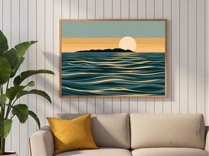 Minimalist moon and sea print in teal and gold, framed in light wood above a cream sofa with a mustard cushion