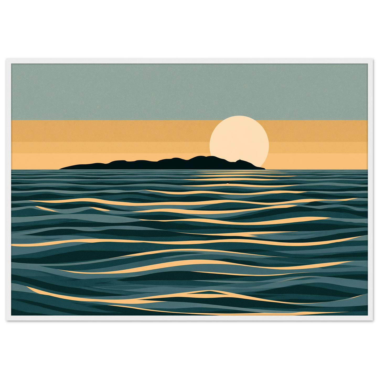 Minimalist moon and sea print in teal and gold, in a white frame