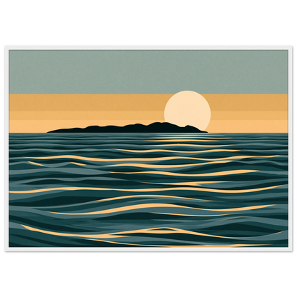 Minimalist moon and sea print in teal and gold, in a white frame