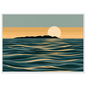 Minimalist moon and sea print in teal and gold, in a white frame