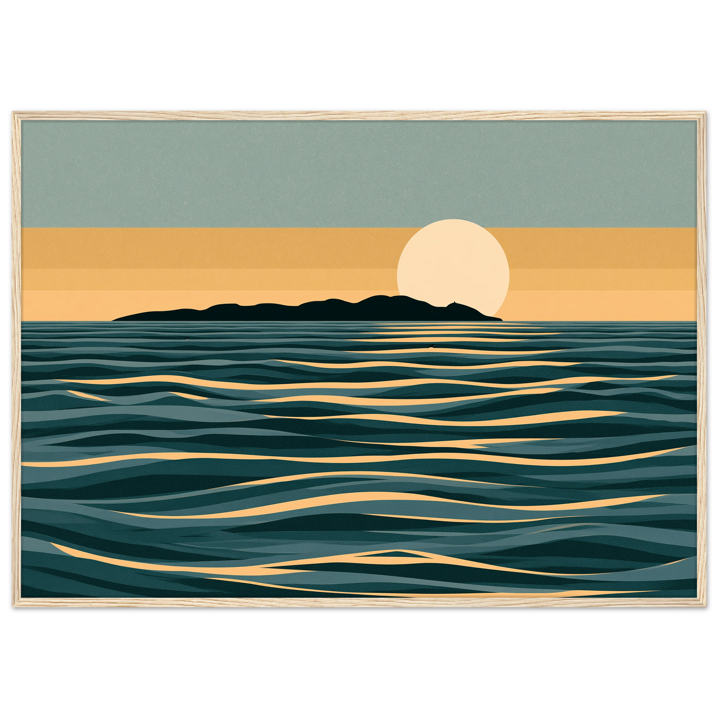 Minimalist moon and sea print in teal and gold, in a natural light wood frame
