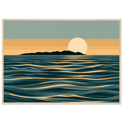 Minimalist moon and sea print in teal and gold, in a natural light wood frame