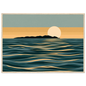 Minimalist moon and sea print in teal and gold, in a natural light wood frame