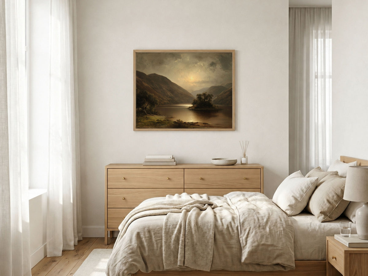 Antique oil painting of a Highland loch at moonrise, framed in light wood above a dresser in a sunlit bedroom