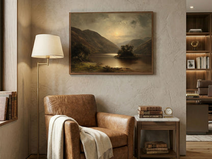Antique oil painting of a Highland loch at moonrise, in a wooden frame above a leather armchair in a warm living room