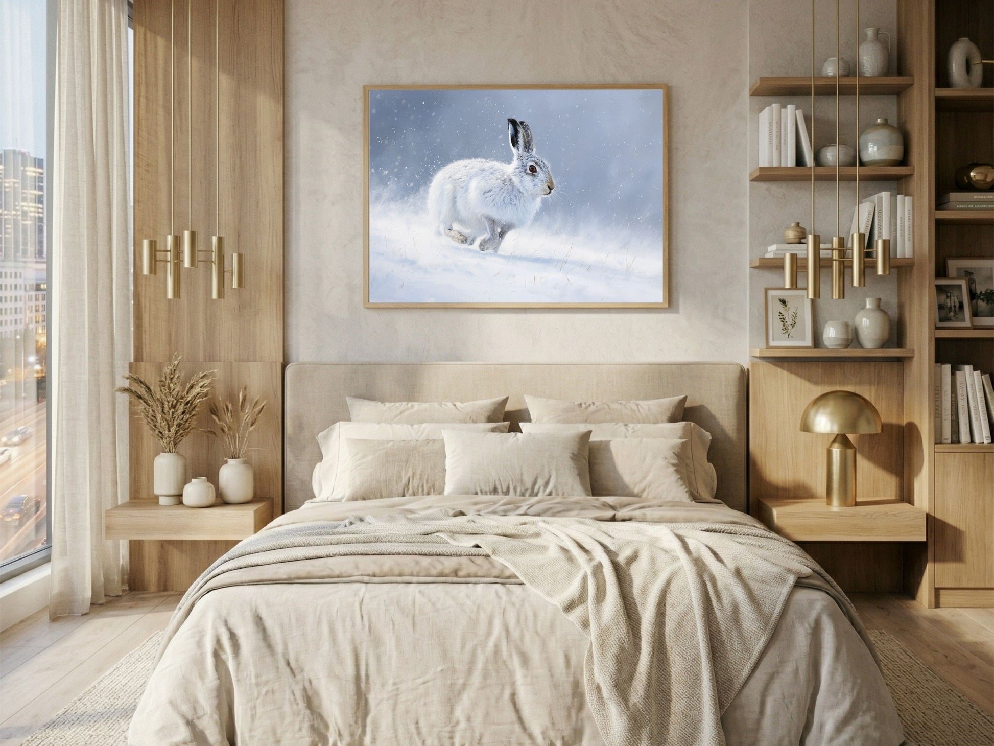 Mountain hare in falling snow, framed in light wood above a bed in a warm neutral city bedroom