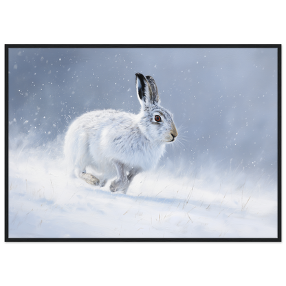 Mountain hare in falling snow winter print in a black frame