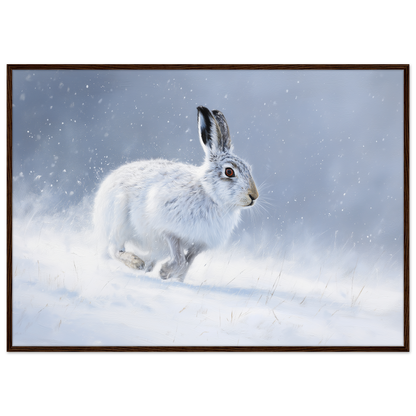 Mountain hare in falling snow winter print in a dark brown wood frame
