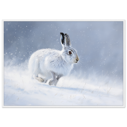 Mountain hare in falling snow winter print in a white frame