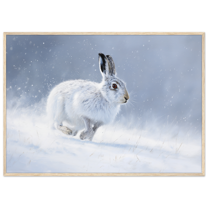 Mountain hare in falling snow winter print in a pale natural wood frame