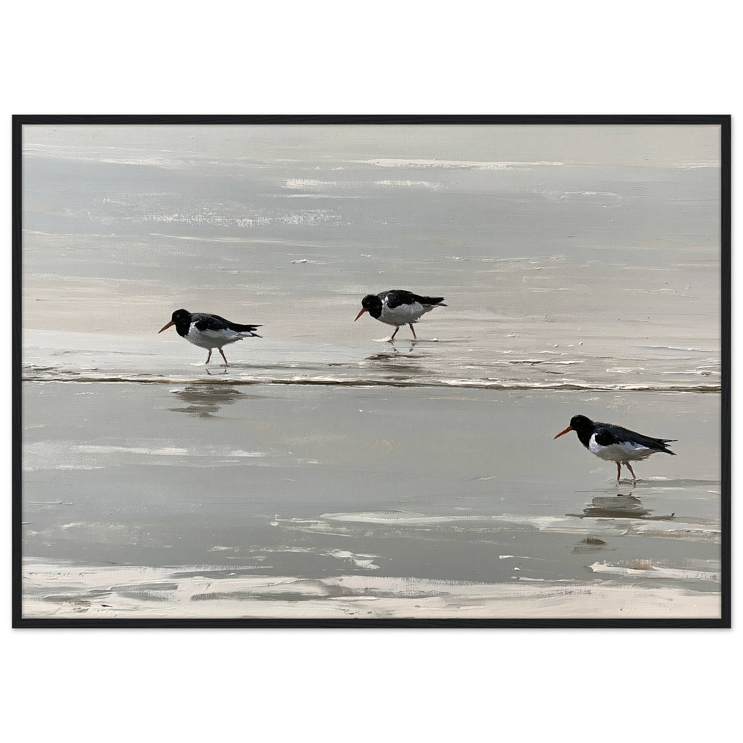 Oystercatchers on the tideline coastal print in a black frame