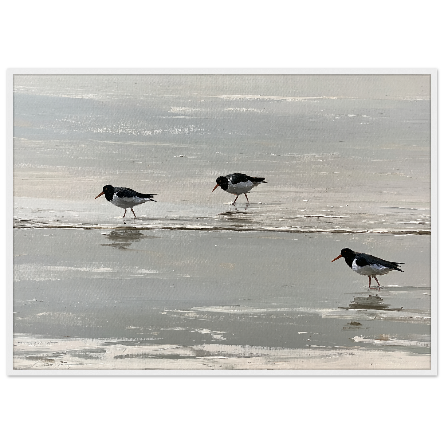 Oystercatchers on the tideline coastal print in a white frame