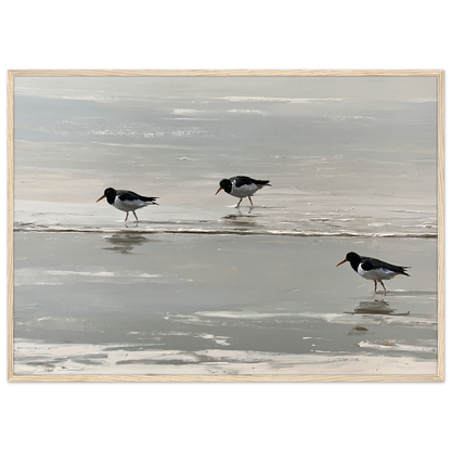 Oystercatchers on the tideline coastal print in a pale natural wood frame