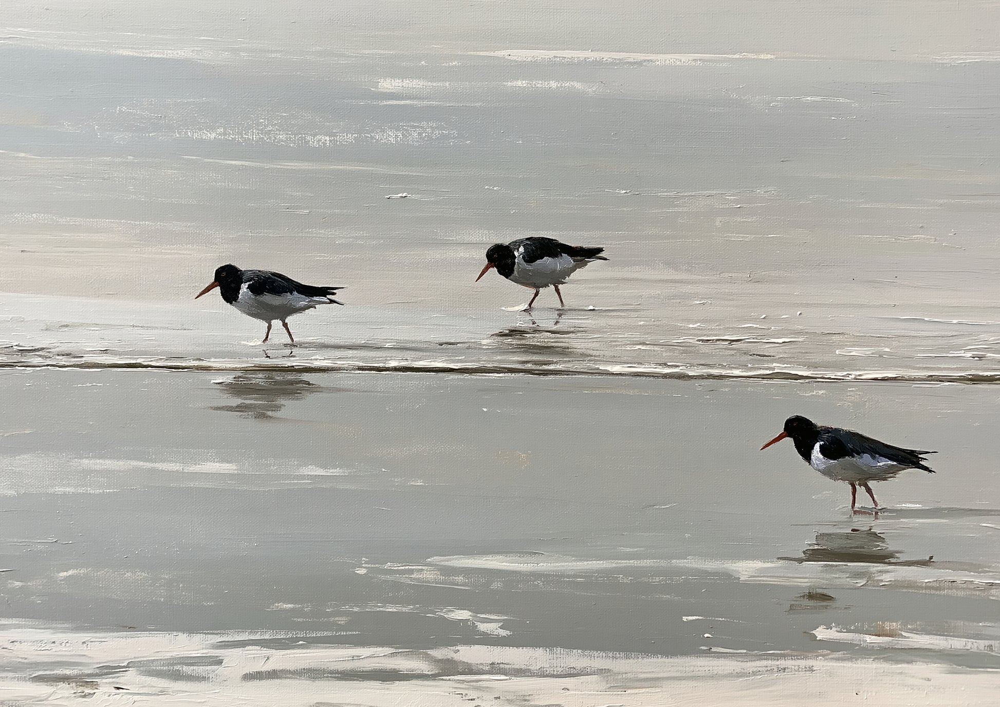 Three oystercatchers walking on wet sand at the tideline, painted in loose oils in soft pewter and silver light