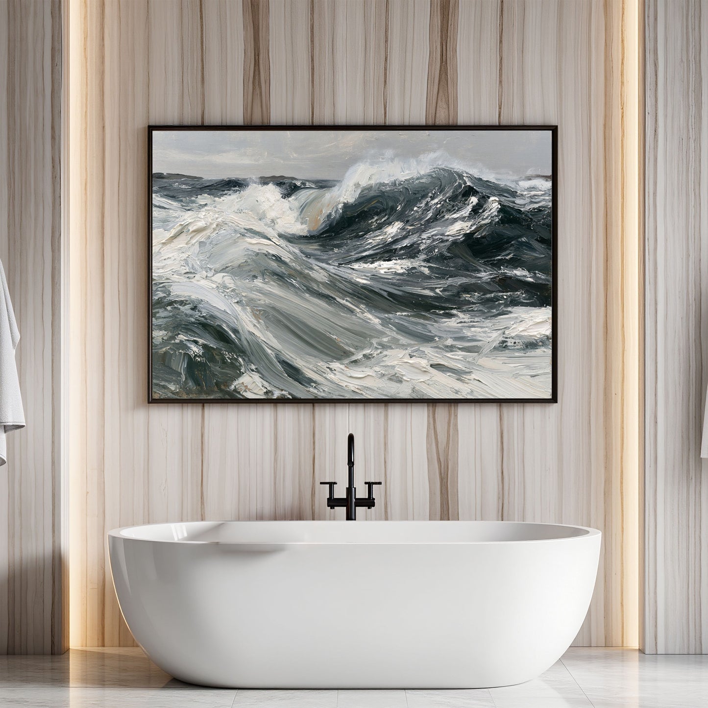 Palette knife swell in slate and white, in a black frame above a freestanding bath in a fluted wood bathroom