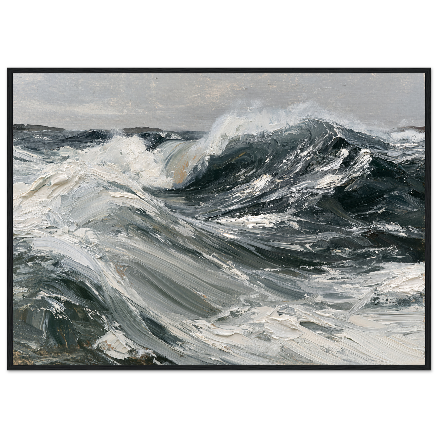 Palette knife swell in slate and white, print in a black frame