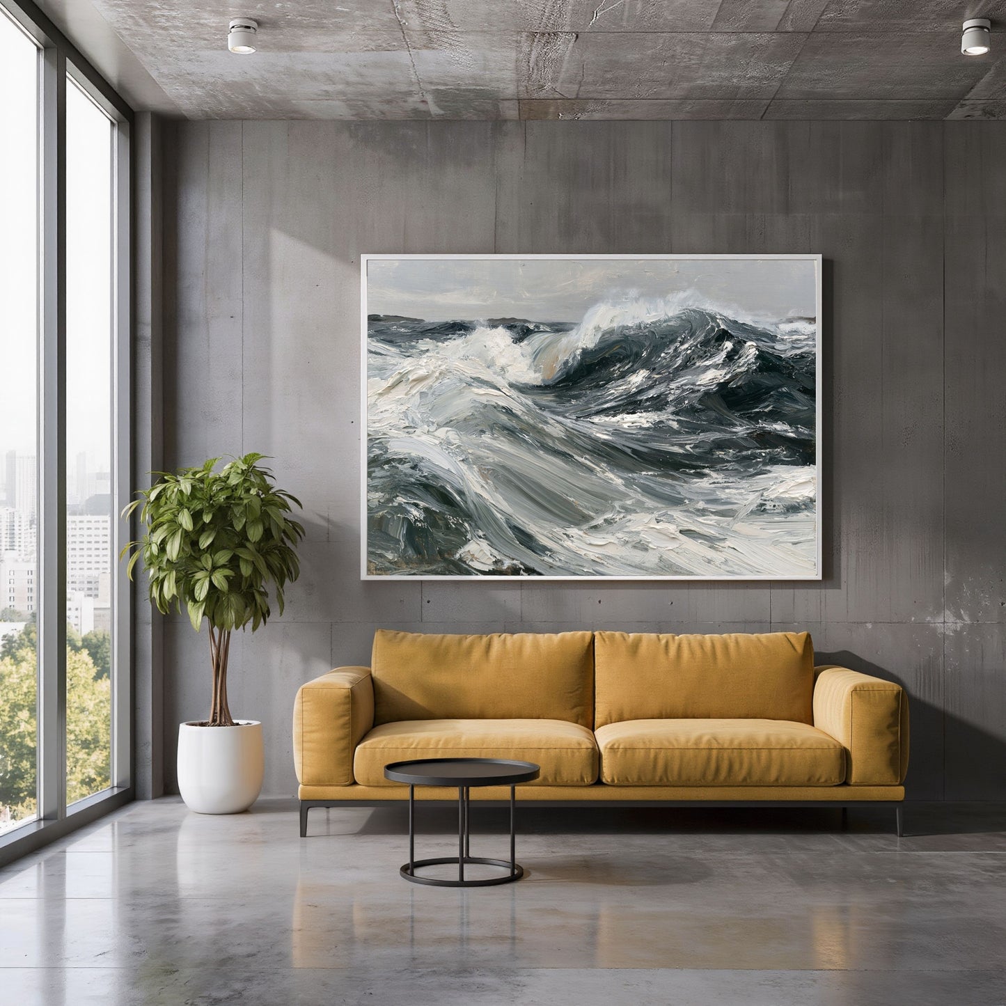 Palette knife swell in slate and white, in a white frame above a mustard sofa in a concrete-walled living room