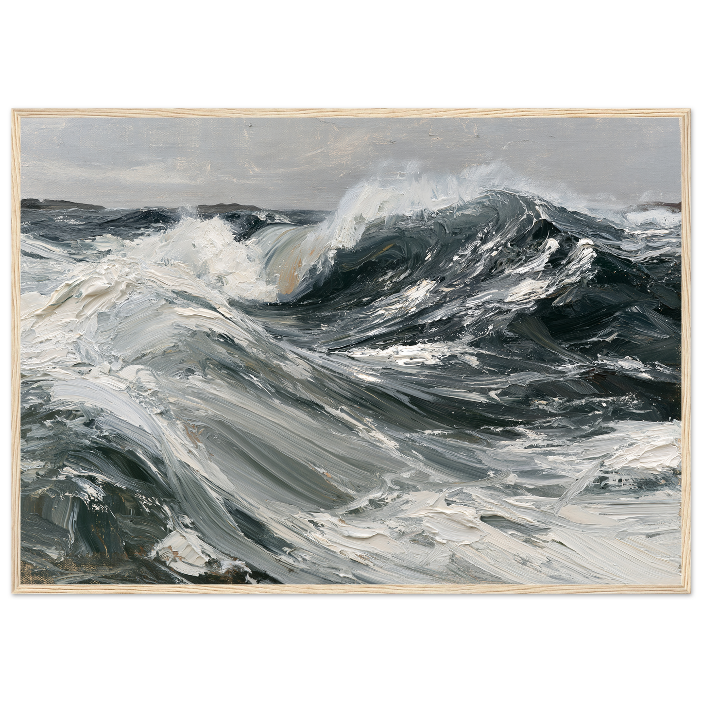 Palette knife swell in slate and white, print in a natural wood frame