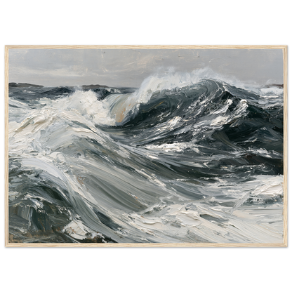 Palette knife swell in slate and white, print in a natural wood frame