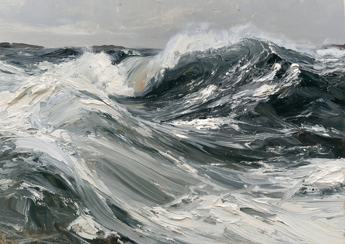 Thick palette-knife strokes of slate, sea green and white building an open swell, the ridges of paint standing proud