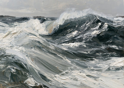 Thick palette-knife strokes of slate, sea green and white building an open swell, the ridges of paint standing proud
